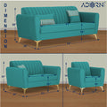 Adorn India Premium Luster 3-2-1 Sofa Set | Velvet Suede Fabric | 3-Year Warranty | Color Aqua Blue with Golden Legs & Striped Pattern Cushion