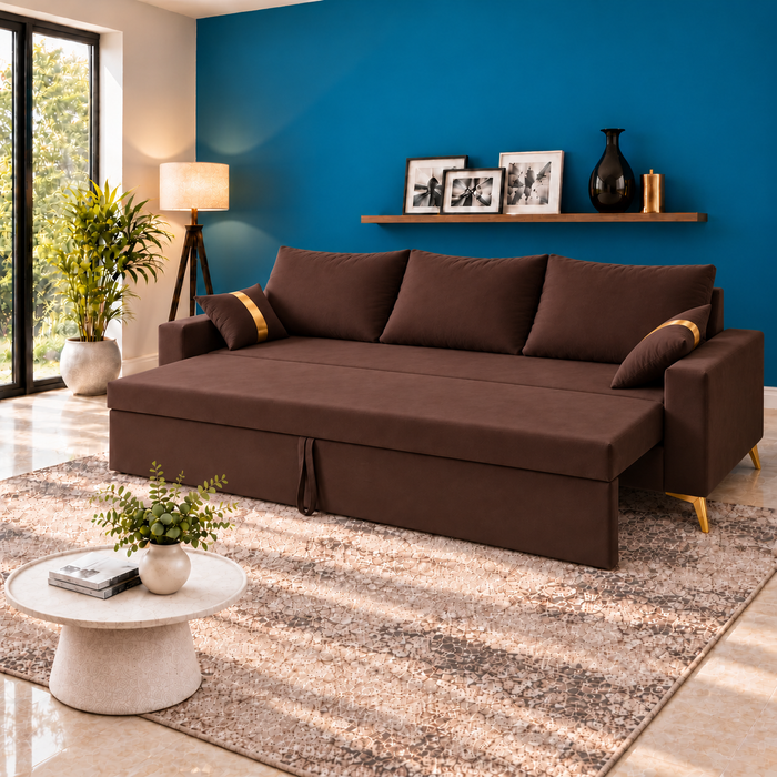 Adorn India Damian Plus 3-Seater Sofa Cum Bed | Velvet Suede Fabric | Brown