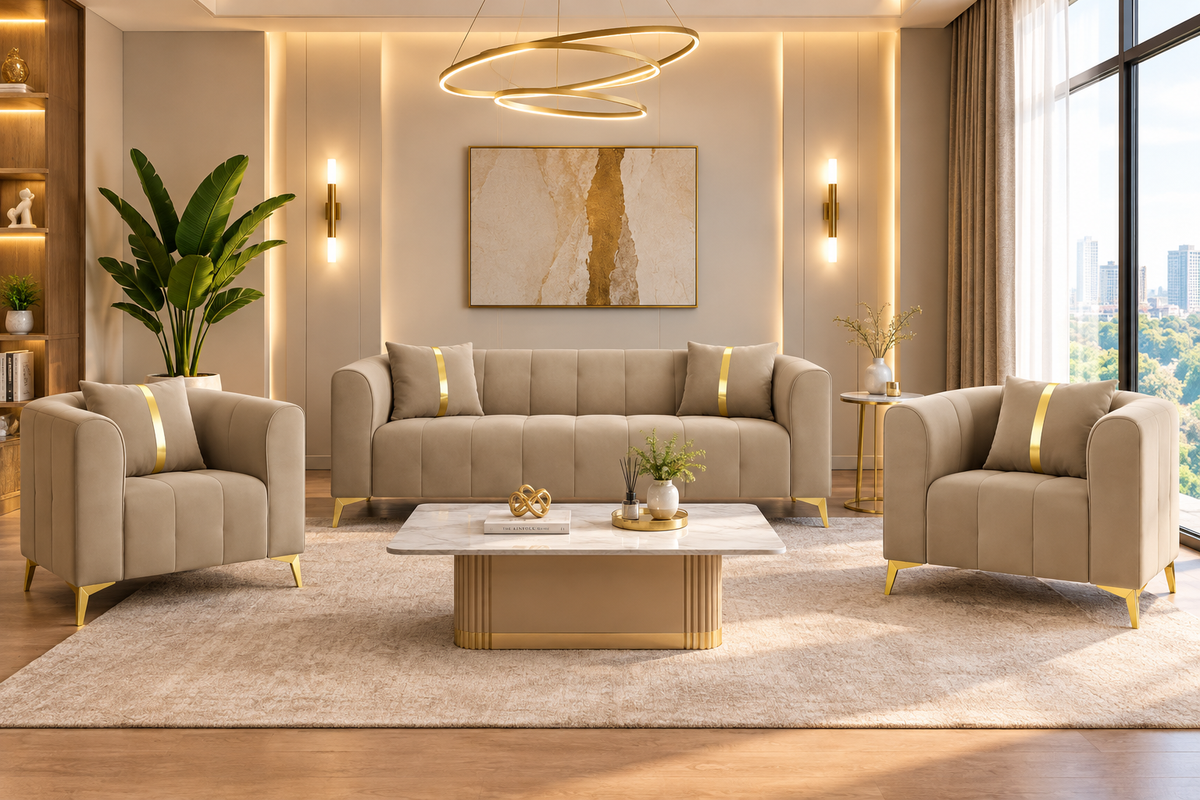 Premium Mystic - - 3+1+1 Sofa Set Velvet Suede Fabric - Beige