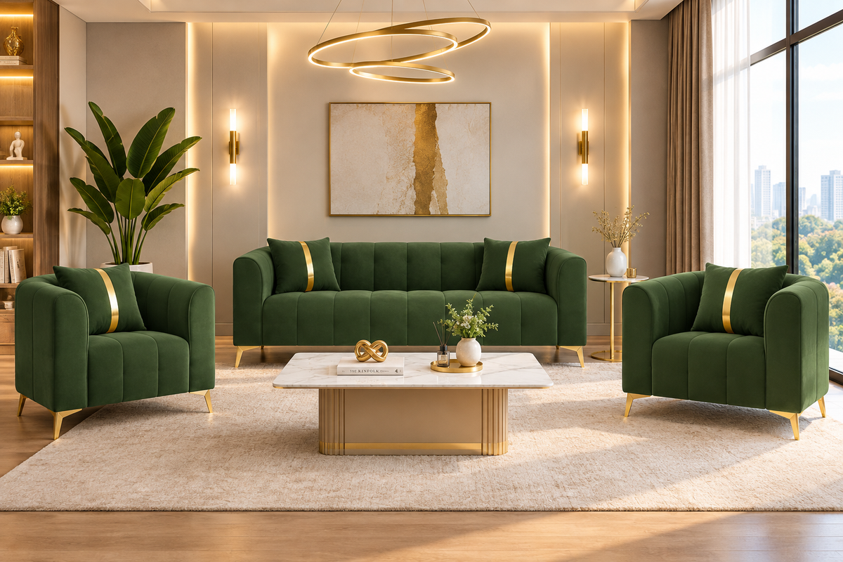 Premium Mystic - - 3+1+1 Sofa Set Velvet Suede Fabric - Green