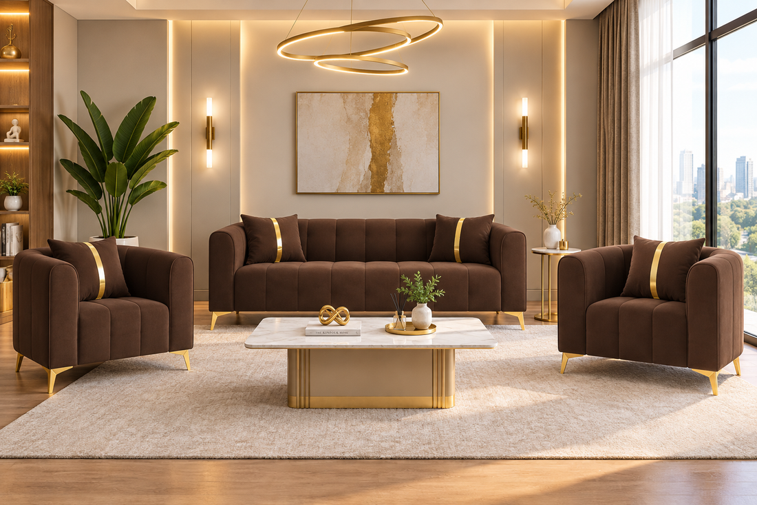 Premium Mystic - - 3+1+1 Sofa Set Velvet Suede Fabric - Brown