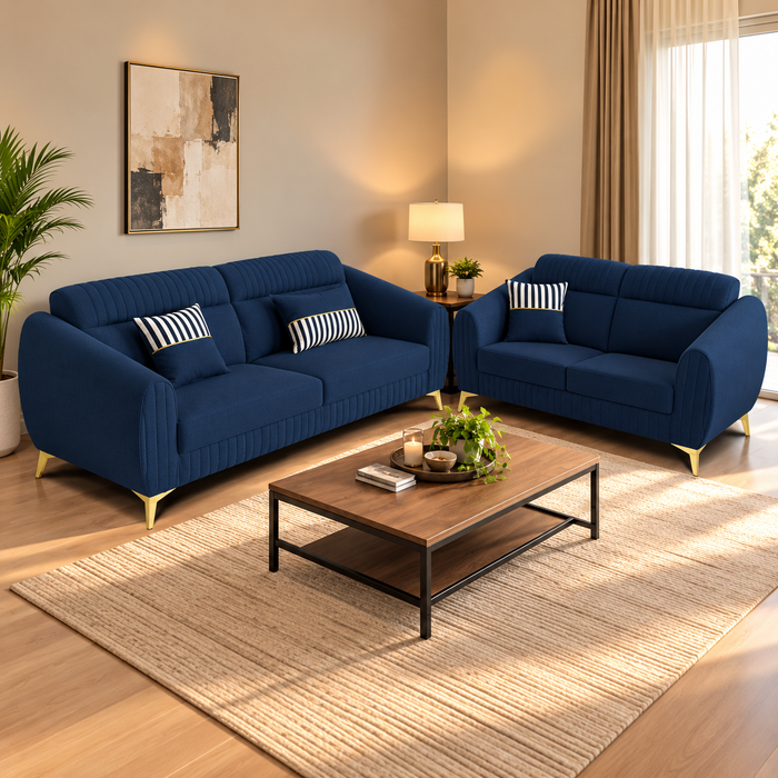 Premium Luster Plus 3-2 Sofa Set | Velvet Suede Fabric | 3-Year Warranty | Color Blue with Golden Legs & Striped Pattern Cushion