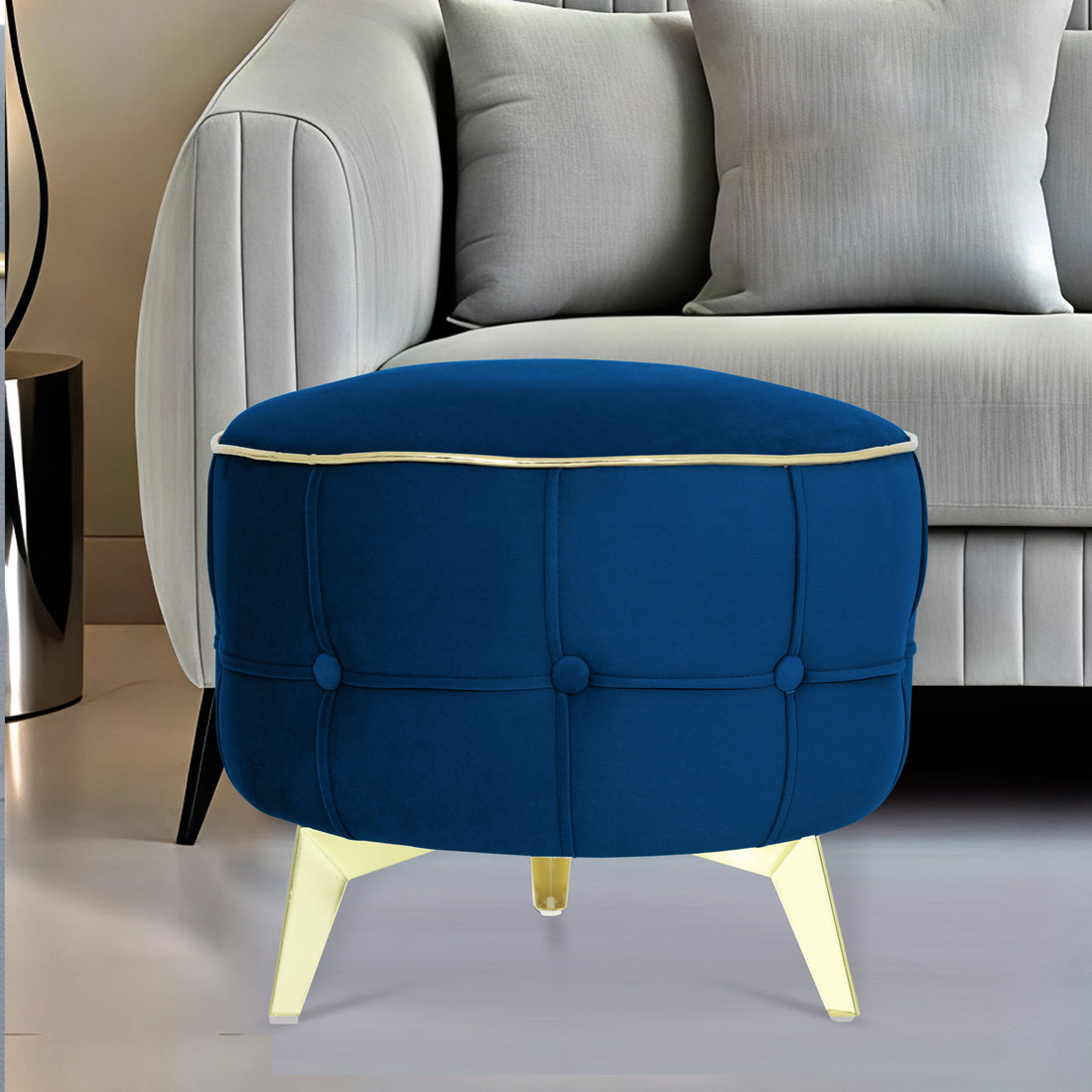 Adorn India Macolm Round 1 Seater Ottoman Pouffe Tufted Pattern with Velvet Suede Fabric (Blue)