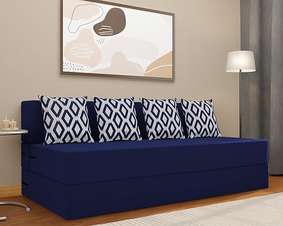 Adorn India Easy 4-Person Sofa Cum Bed (Rhombus Pattern) Chennile Fabric- Washable Cover- Including 4 Cushion- Size 6' X 6' Ft (Blue Color) Perfect for Home & Office for Guests