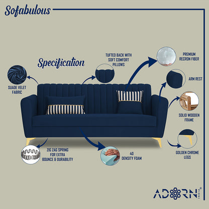 Adorn India Premium Luster 3+2 Sofa Set | Velvet Suede Fabric | 3-Year Warranty | Color Blue with Golden Legs & Striped Pattern Cushion