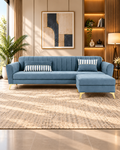 Premium Luster 4 Seater L Shape Sofa Set | Velvet Suede Fabric | 3-Year Warranty | Color Grey with Golden Legs & Striped Pattern Cushion