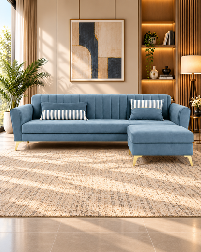 Adorn India Luster 4-seater L-shaped sofa in grey velvet suede