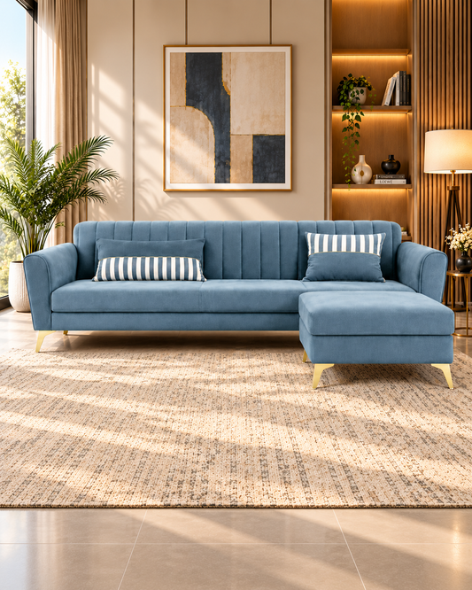 Adorn India Luster 4-seater L-shaped sofa in grey velvet suede