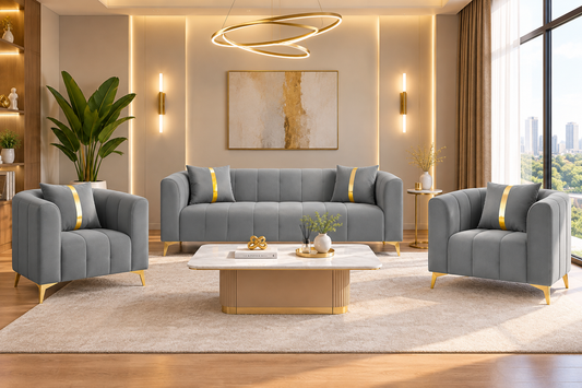 Premium Mystic - - 3+1+1 Sofa Set Velvet Suede Fabric - Grey