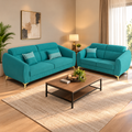 Premium Luster Plus 3-2 Sofa Set | Velvet Suede Fabric | 3-Year Warranty | Color Aqua Blue with Golden Legs & Striped Pattern Cushion