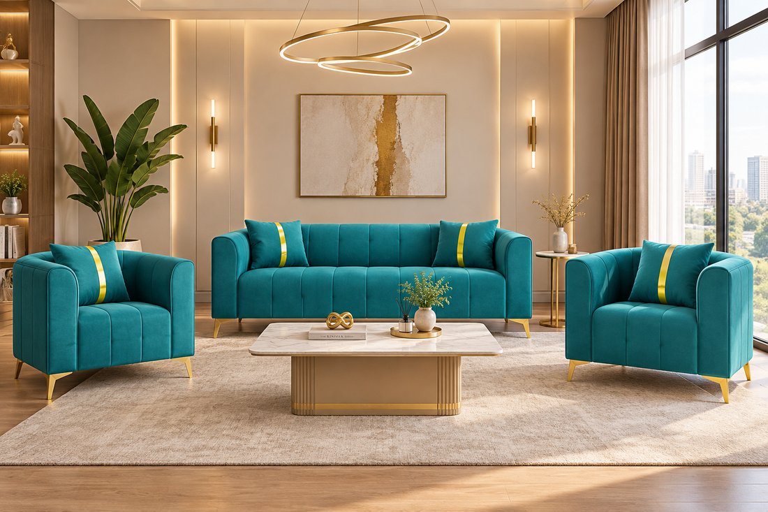Premium Mystic - - 3+1+1 Sofa Set Velvet Suede Fabric - Aqua Blue