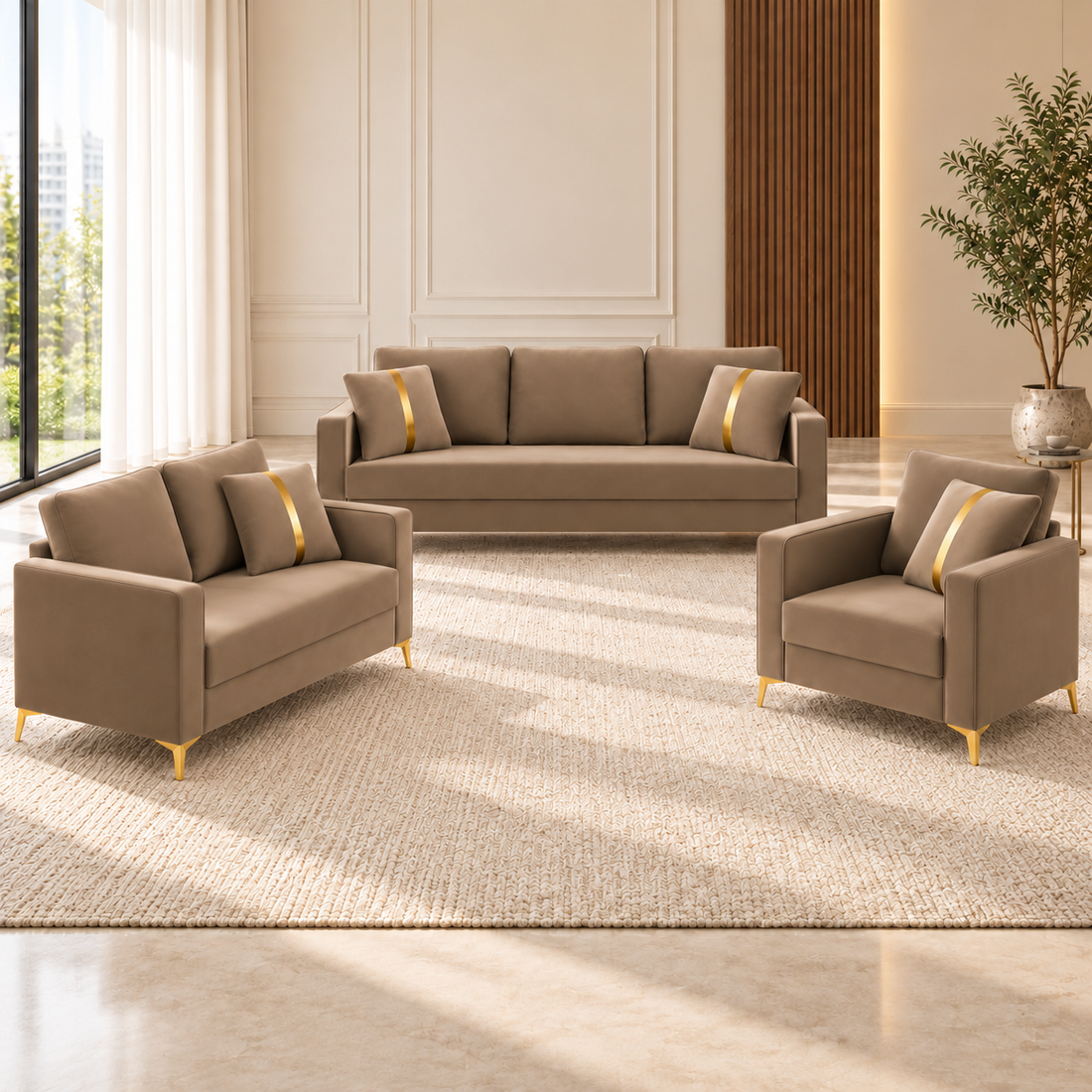 Premium Chandler - - 3+2+1 Sofa Set Velvet Suede Fabric - Beige