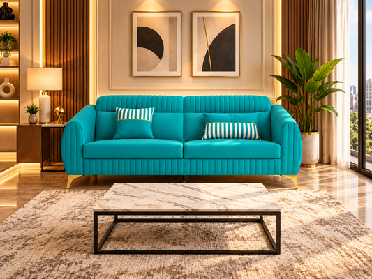 Premium Luster Plus 3 Seater Sofa | Velvet Suede Fabric | 3-Year Warranty | Color Aqua Blue with Golden Legs & Striped Pattern Cushion