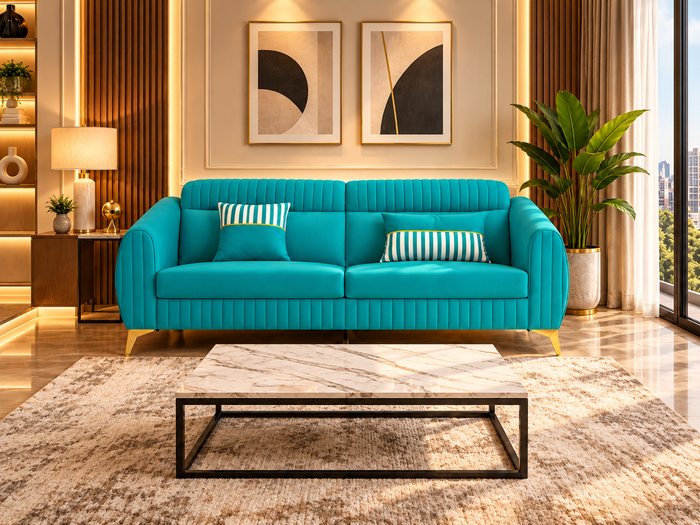 Premium Luster Plus 3 Seater Sofa | Velvet Suede Fabric | 3-Year Warranty | Color Aqua Blue with Golden Legs & Striped Pattern Cushion