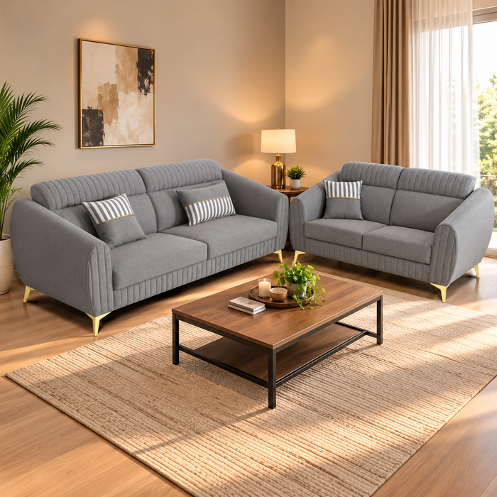Premium Luster Plus 3-2 Sofa Set | Velvet Suede Fabric | 3-Year Warranty | Color Grey with Golden Legs & Striped Pattern Cushion