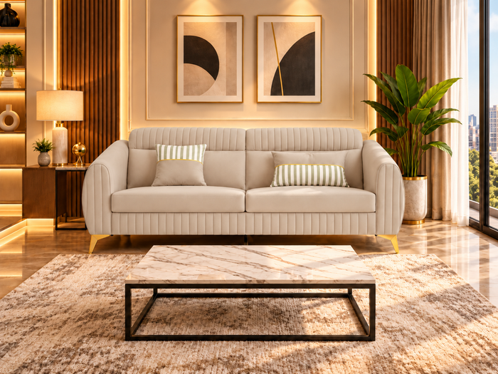 Premium Luster Plus 3 Seater Sofa | Velvet Suede Fabric | 3-Year Warranty | Color Beige with Golden Legs & Striped Pattern Cushion