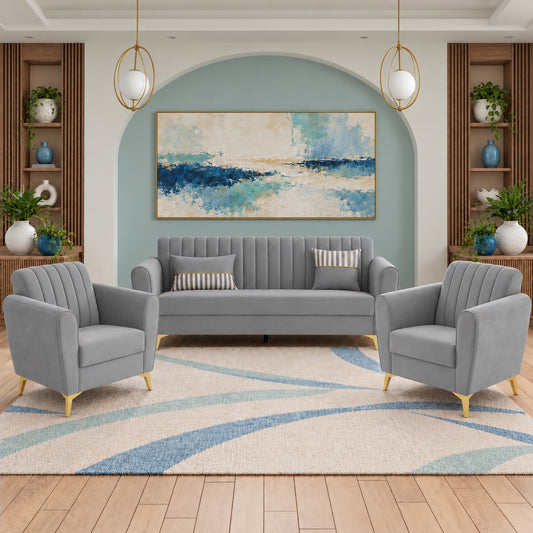Premium Luster 3+1+1 Sofa Set | Velvet Suede Fabric | 3-Year Warranty | Color Grey with Golden Legs & Striped Pattern Cushion