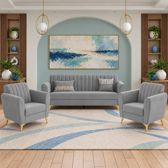 Premium Luster 3+1+1 Sofa Set | Velvet Suede Fabric | 3-Year Warranty | Color Grey with Golden Legs & Striped Pattern Cushion