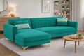 Adorn India Premium Luster 6 Seater L Shape Sofa Set | Velvet Suede Fabric | 3-Year Warranty | LHS |Color Aqua Blue with Golden Legs & Striped Pattern Cushion
