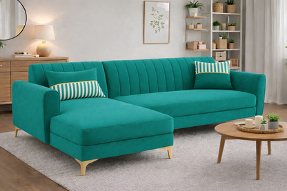 Adorn India Premium Luster 6 Seater L Shape Sofa Set | Velvet Suede Fabric | 3-Year Warranty | LHS |Color Aqua Blue with Golden Legs & Striped Pattern Cushion