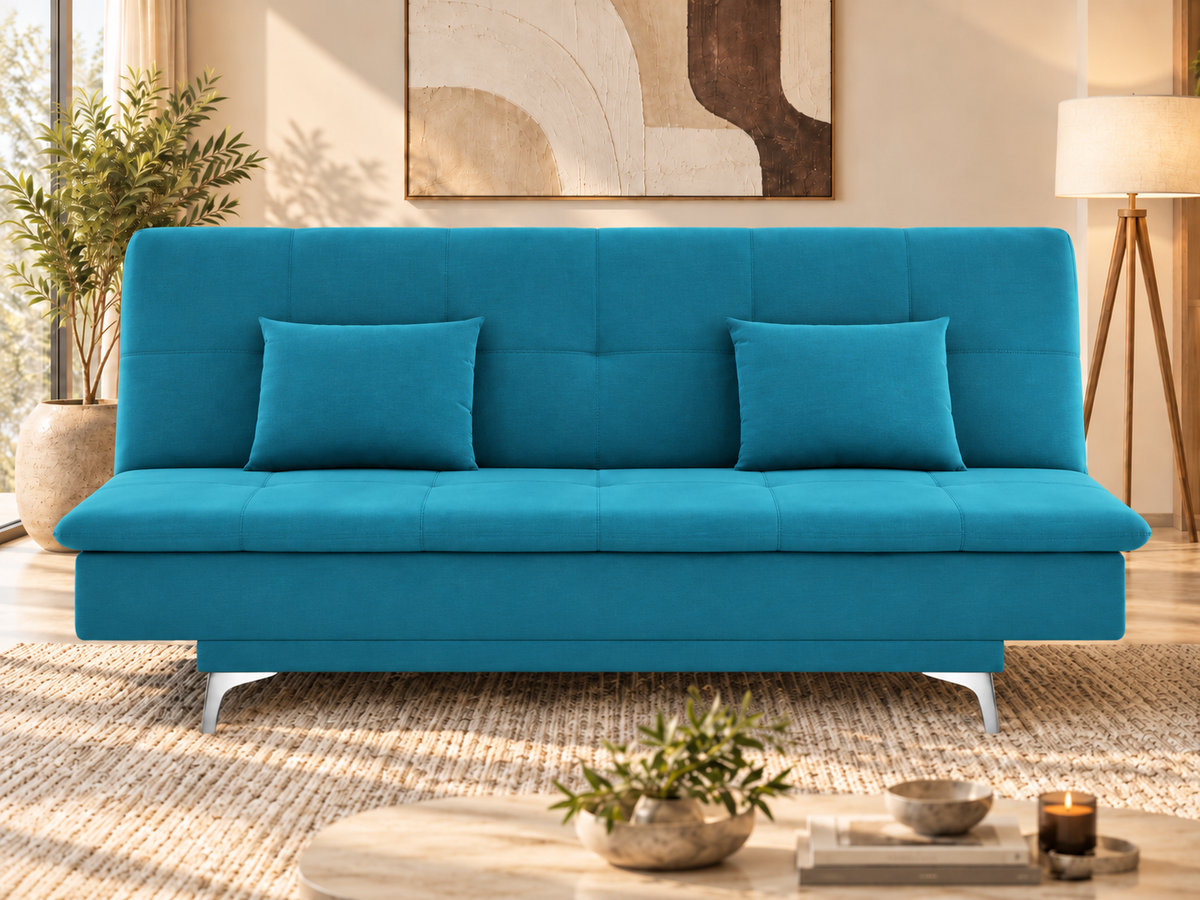 Premium 3 Seater Sofa Cum Bed New Aspen 4x6Velvet Suede with 2 Cushions (Color Aqua Blue) and