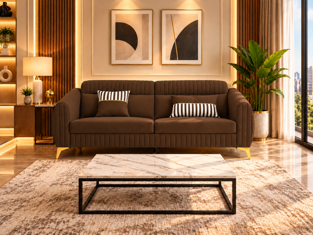 Premium Luster Plus 3 Seater Sofa | Velvet Suede Fabric | 3-Year Warranty | Color Brown with Golden Legs & Striped Pattern Cushion