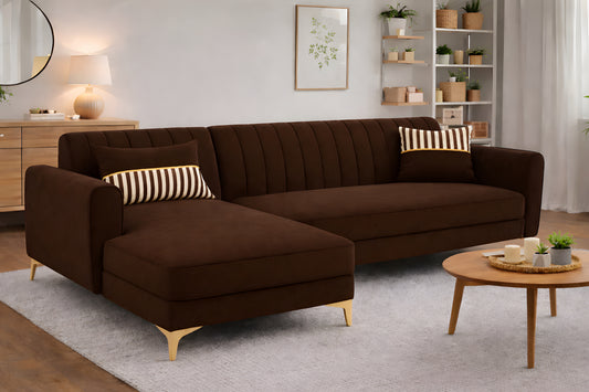 Adorn India Premium Luster 6 Seater L Shape Sofa Set | Velvet Suede Fabric | 3-Year Warranty | LHS |Color Brown with Golden Legs & Striped Pattern Cushion