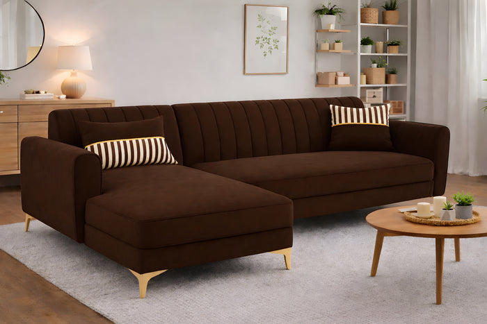 Adorn India Premium Luster 6 Seater L Shape Sofa Set | Velvet Suede Fabric | 3-Year Warranty | LHS |Color Brown with Golden Legs & Striped Pattern Cushion
