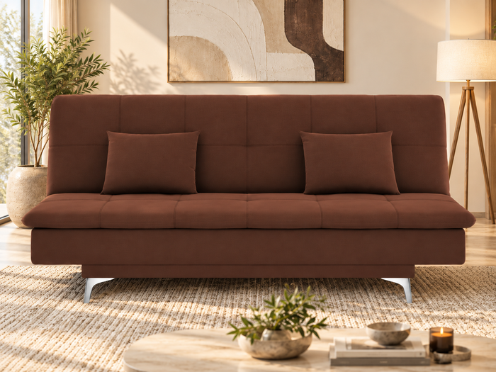 Premium 3 Seater Sofa Cum Bed New Aspen 4x6Velvet Suede with 2 Cushions (Color Brown) and