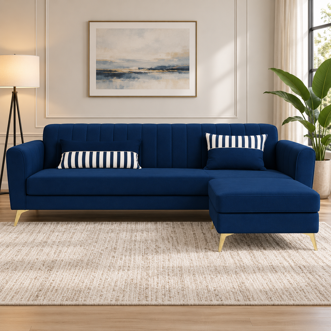 Premium Luster 4 Seater L Shape Sofa Set | Velvet Suede Fabric | 3-Year Warranty | Color Blue with Golden Legs & Striped Pattern Cushion