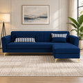 Premium Luster 4 Seater L Shape Sofa Set | Velvet Suede Fabric | 3-Year Warranty | Color Blue with Golden Legs & Striped Pattern Cushion