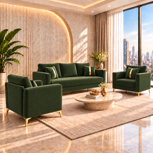 Premium Chandler - - 3+1+1 Sofa Set Velvet Suede Fabric - Green