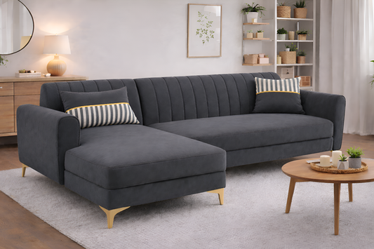 Adorn India Premium Luster 6 Seater L Shape Sofa Set | Velvet Suede Fabric | 3-Year Warranty | LHS |Color Dark Grey with Golden Legs & Striped Pattern Cushion