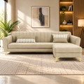 Premium Luster 4 Seater L Shape Sofa Set | Velvet Suede Fabric | 3-Year Warranty | Color Beige with Golden Legs & Striped Pattern Cushion