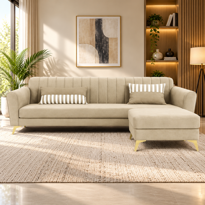 Adorn India Luster 4-seater L-shaped sofa in beige velvet suede