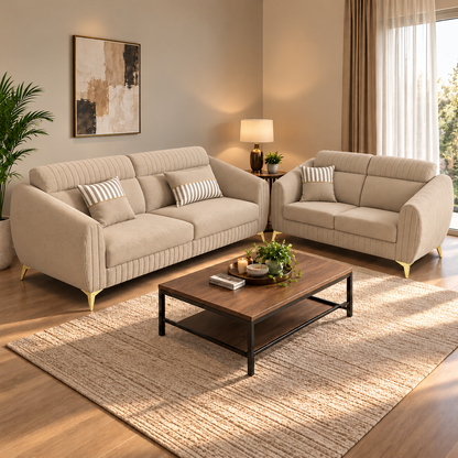 Premium Luster Plus 3-2 Sofa Set | Velvet Suede Fabric | 3-Year Warranty | Color Beige with Golden Legs & Striped Pattern Cushion
