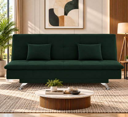 Premium 3 Seater Sofa Cum Bed New Aspen 4x6Velvet Suede with 2 Cushions (Color Green) and