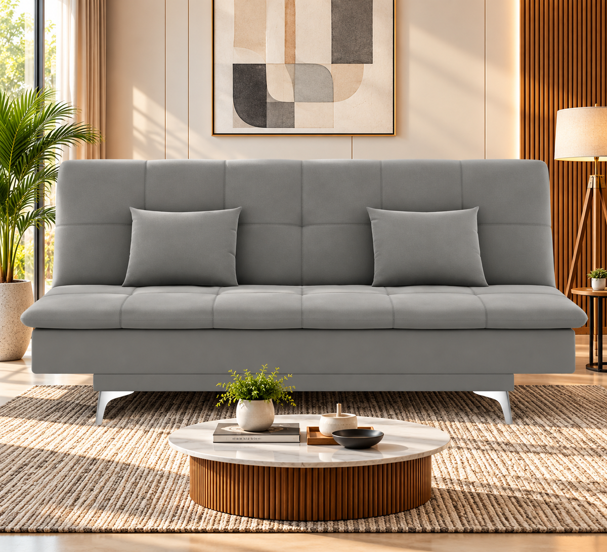 Premium 3 Seater Sofa Cum Bed New Aspen 4x6Velvet Suede with 2 Cushions (Color Grey) and