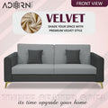 Adorn India Premium Harlem 3 Seater Sofa | Velvet Suede Upholstery | 3-Year Warranty | Dark Grey & Grey with Gold Legs & Cushion