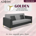 Adorn India Premium Harlem 3 Seater Sofa | Velvet Suede Upholstery | 3-Year Warranty | Dark Grey & Grey with Gold Legs & Cushion