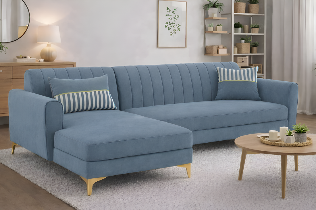 Adorn India Premium Luster 6 Seater L Shape Sofa Set | Velvet Suede Fabric | 3-Year Warranty | LHS |Color Grey with Golden Legs & Striped Pattern Cushion