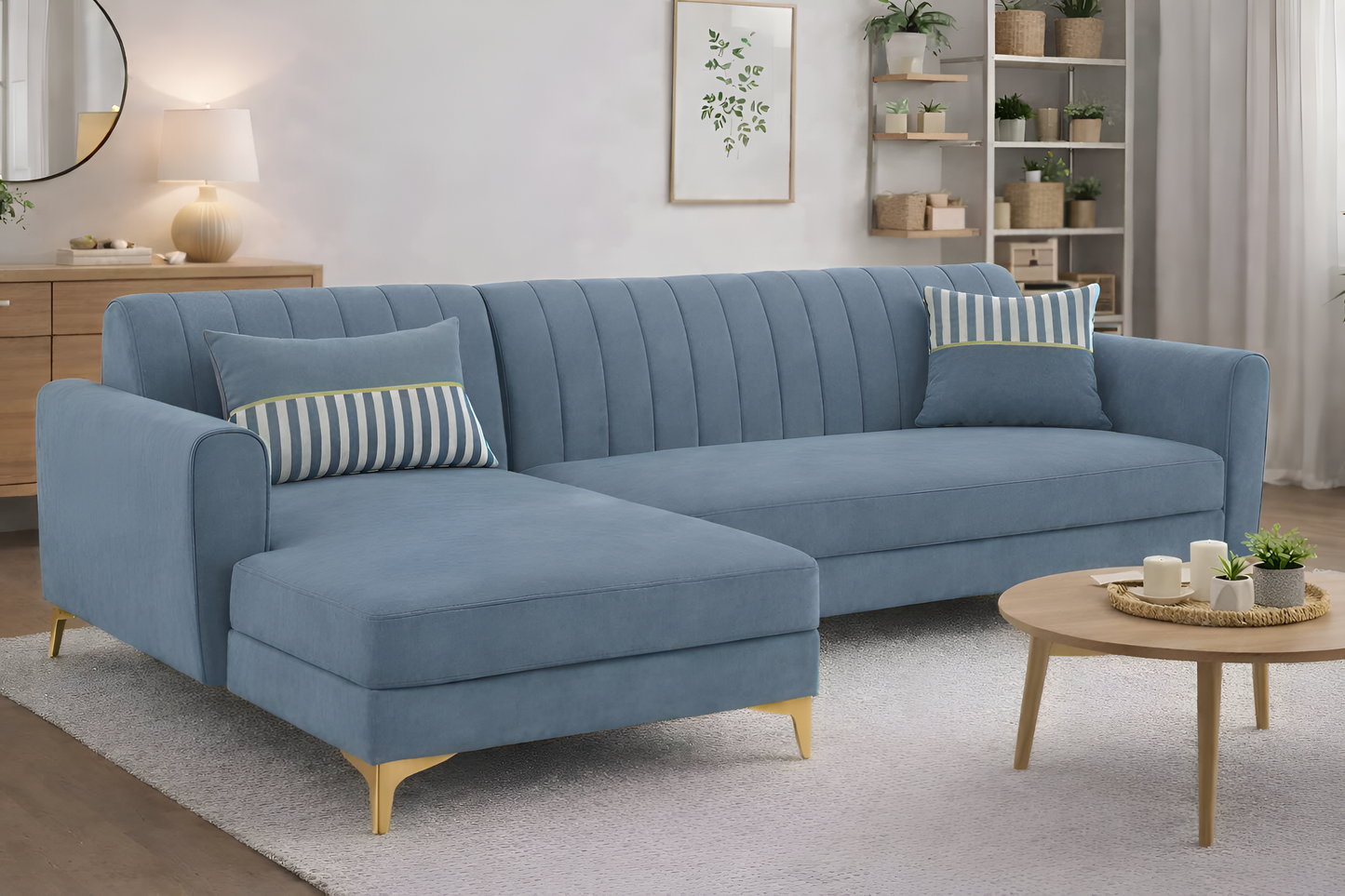 Adorn India Premium Luster 6 Seater L Shape Sofa Set | Velvet Suede Fabric | 3-Year Warranty | LHS |Color Grey with Golden Legs & Striped Pattern Cushion
