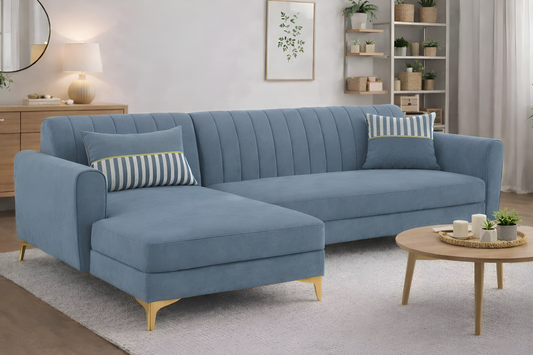 Adorn India Premium Luster 6 Seater L Shape Sofa Set | Velvet Suede Fabric | 3-Year Warranty | LHS |Color Grey with Golden Legs & Striped Pattern Cushion