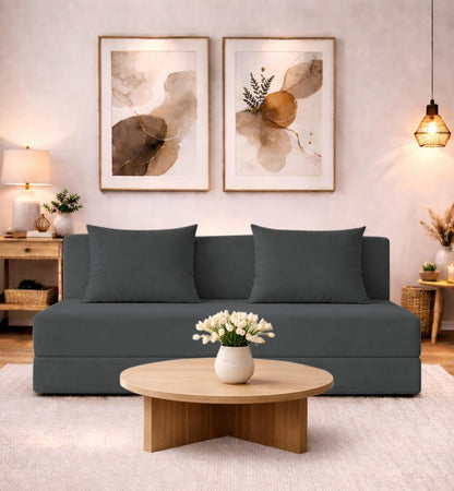 Adorn India Easy 3 Seater Sofa Cum Bed | Velvet Fabric | Dark Grey | Plain Design | 6x5 Ft | Comfortable Seating | Washable Cover | Perfect for Home & Office