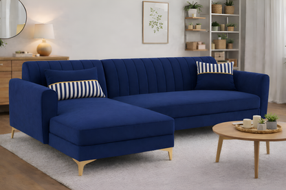Adorn India Premium Luster 6 Seater L Shape Sofa Set | Velvet Suede Fabric | 3-Year Warranty | LHS |Color Blue with Golden Legs & Striped Pattern Cushion