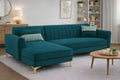 Adorn India Premium Luster 6 Seater L Shape Sofa Set | Velvet Suede Fabric | 3-Year Warranty | LHS |Color Ocean Blue with Golden Legs & Striped Pattern Cushion