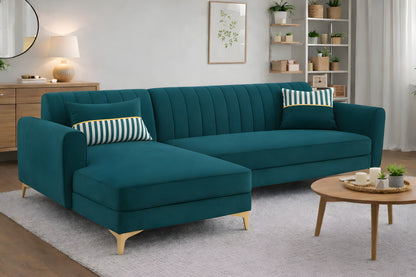 Adorn India Premium Luster 6 Seater L Shape Sofa Set | Velvet Suede Fabric | 3-Year Warranty | LHS |Color Ocean Blue with Golden Legs & Striped Pattern Cushion