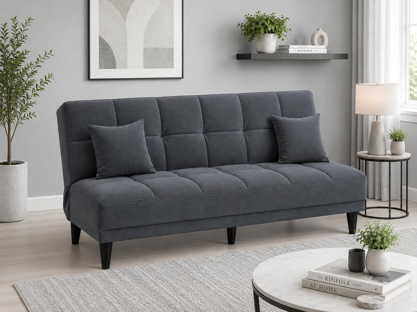 Adorn India Alyssum 3 Seater Sofa Cum Bed 4X6 Velvet 2 Cushions (Color Grey) and Suitable for All Indoor, with 3 Years Warranty