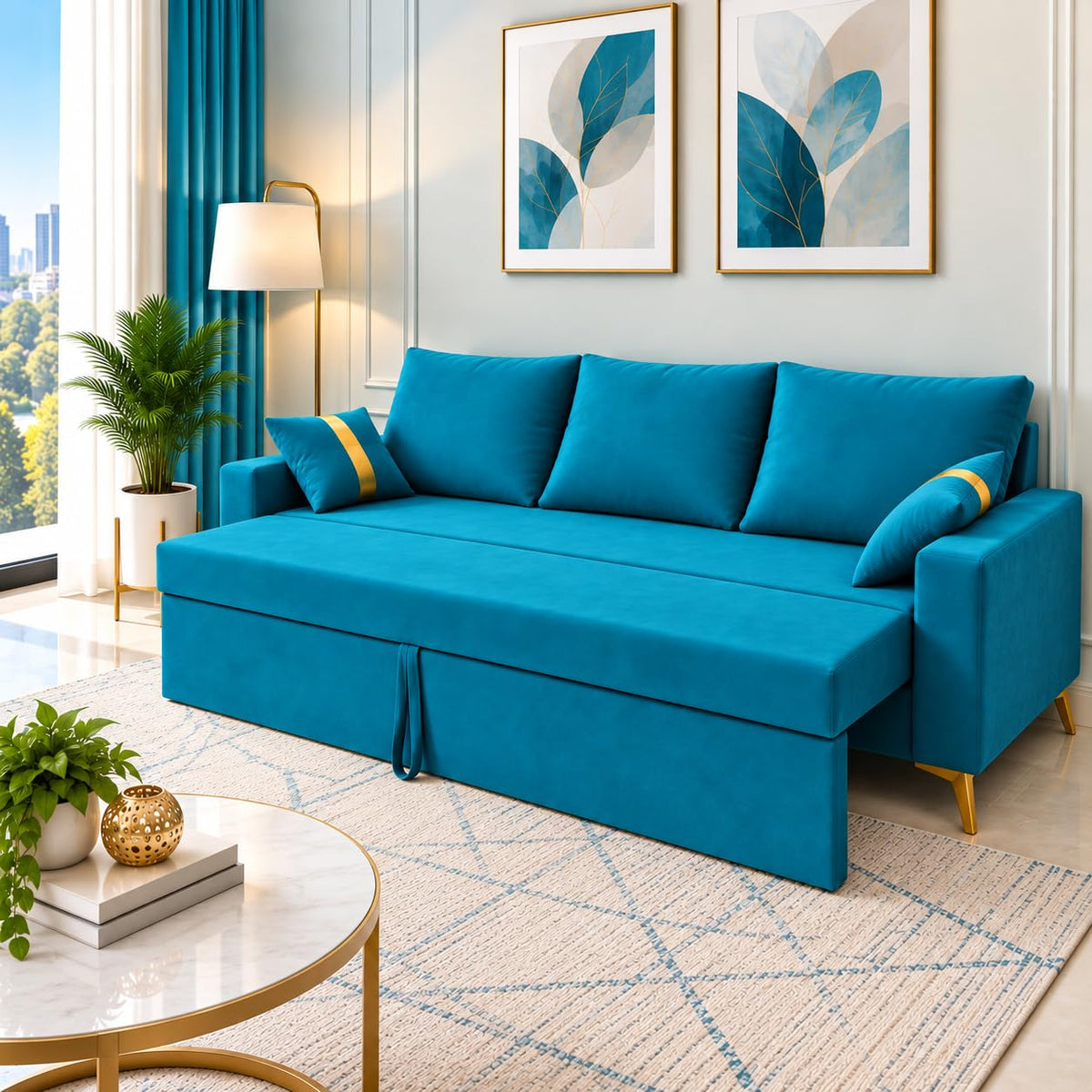 Adorn India Damian Plus 3-Seater Sofa Cum Bed | Velvet Suede Fabric |Aqua Blue