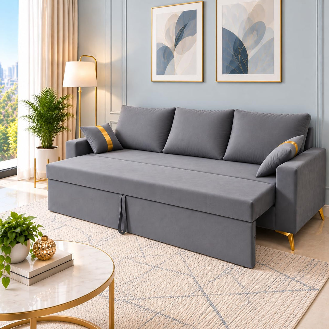 Adorn India Damian Plus 3-Seater Sofa Cum Bed | Velvet Suede Fabric | Grey
